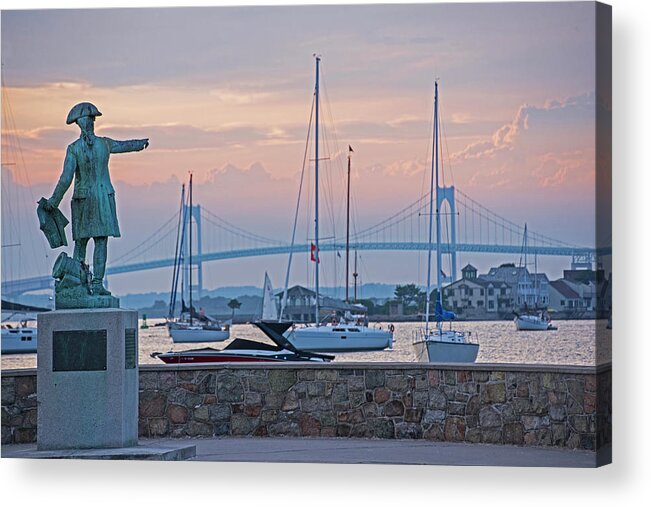 Newport Acrylic Print featuring the photograph Looking over the Harbor Pell Bridge Newport Harbor Newport RI Rhode Island Statue by Toby McGuire