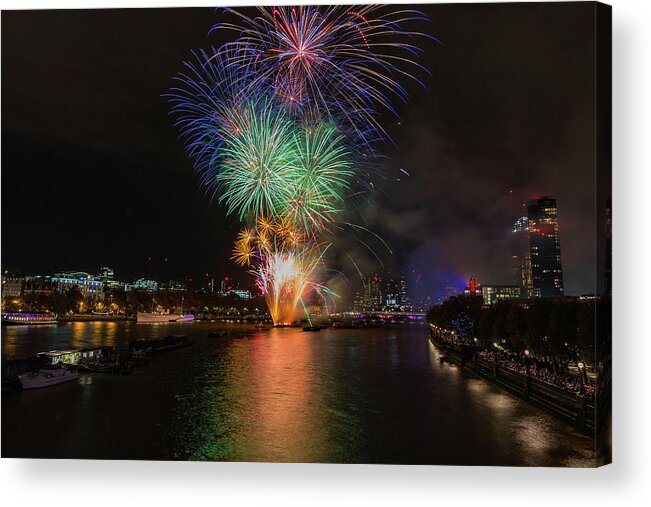 Thames Acrylic Print featuring the photograph Lord Mayor firework show in London by Andrew Lalchan