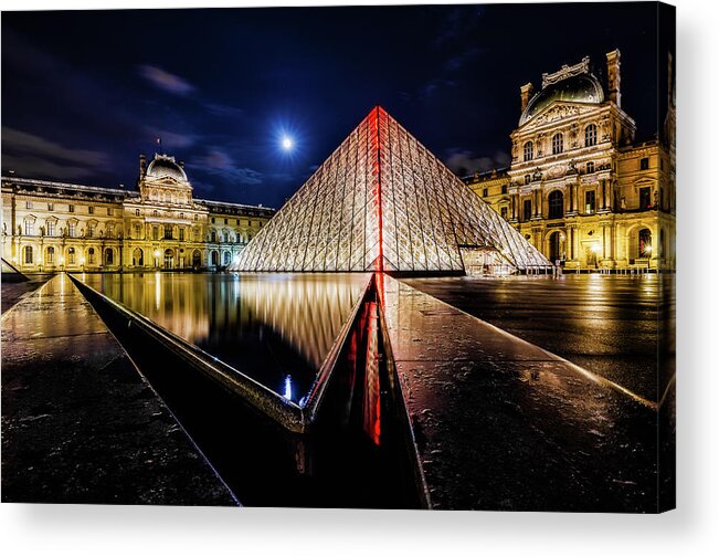 Louvre Pyramid Acrylic Print featuring the photograph Louvre Pyramid Reflection at Night by Alexios Ntounas