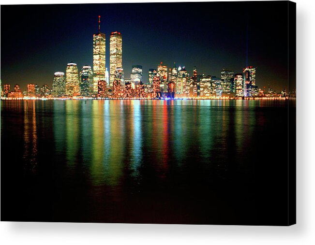 Nighttime Acrylic Print featuring the photograph World Trade Center Twin Towers, Lower Manhattan New York City Nighttime Cityscape 1985 by Kathy Anselmo