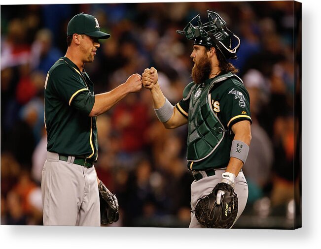American League Baseball Acrylic Print featuring the photograph Luke Gregerson and Derek Norris by Otto Greule Jr