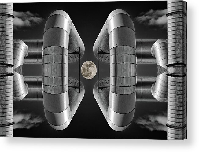 Lunar Acrylic Print featuring the photograph Lunaroyal - mirrored Uniroyal Building Industrial ductting with full moon - wide version by Peter Herman