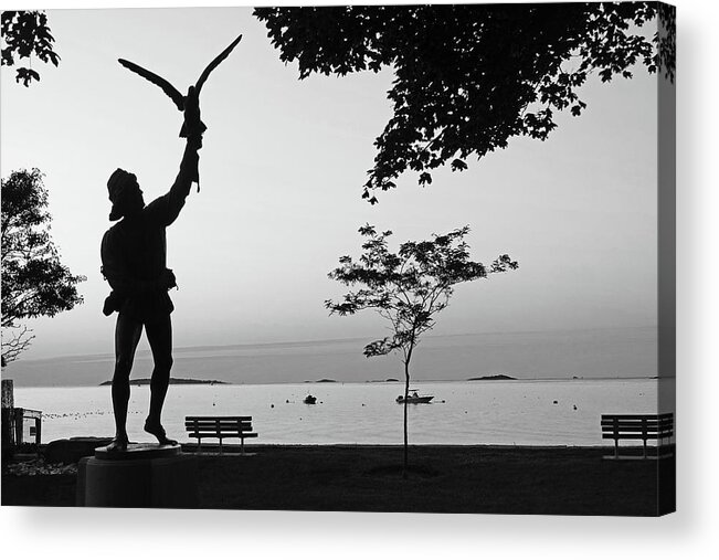 Beverly Acrylic Print featuring the photograph Lynch Park Statue at Sunrise Beverly MA trees Black and White by Toby McGuire