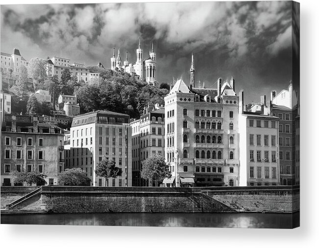 Lyon Acrylic Print featuring the photograph Lyon France Banks of The Saone River Black and White by Carol Japp