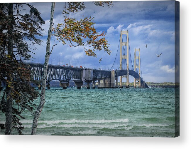 Michigan Acrylic Print featuring the photograph Mackinac Bridge in Autumn at the Michigan Straits by Randall Nyhof
