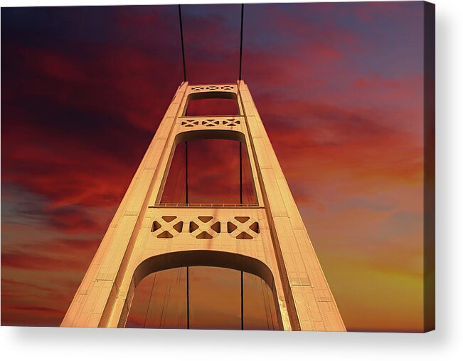 Mackinac Bridge At Sunset Acrylic Print featuring the digital art Mackinac Bridge Sunset by Stoneworks Imagery