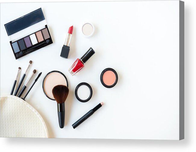 Skin Acrylic Print featuring the photograph Makeup cosmetics tools background and beauty cosmetics, products and facial cosmetics package lipstick, eye shadow on the white background. Lifestyle Fashion Concept by Wand_Prapan