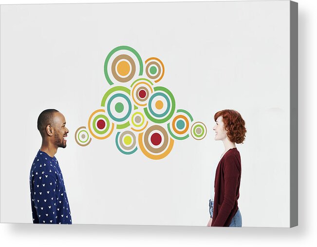 Confusion Acrylic Print featuring the photograph Man and woman with illustrated bubbles by Plume Creative