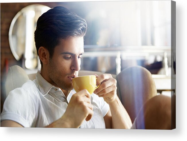 Tranquility Acrylic Print featuring the photograph Man In Cafe Drinking Coffee by Tara Moore