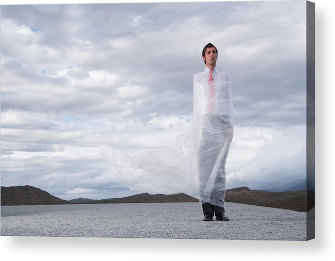 Young Men Acrylic Print featuring the photograph Man outdoors ensnared in a sheer sheet by Martin Barraud