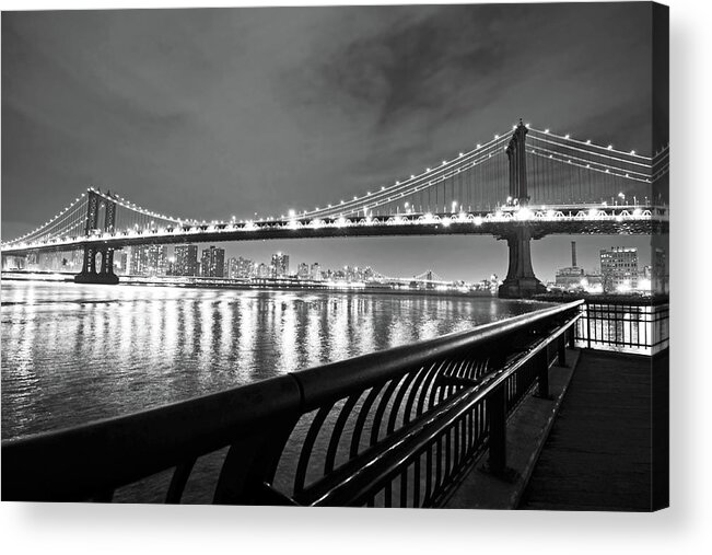 Brooklyn Bridge Acrylic Print featuring the photograph Manhattan bridge and Williamsburg bridge Black and White by Toby McGuire