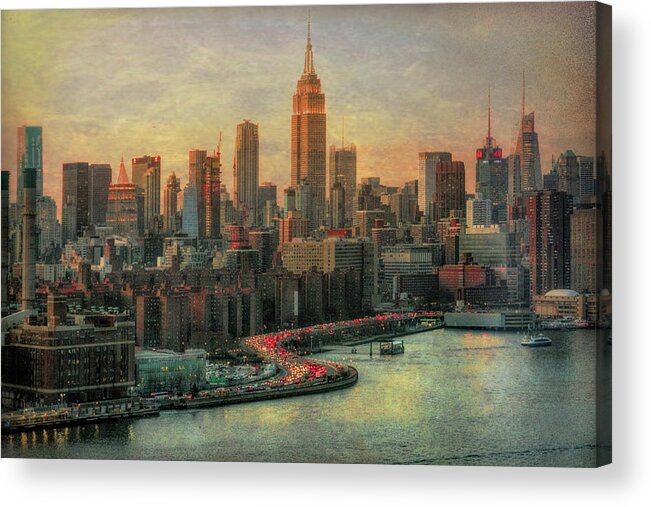 Manhattan Acrylic Print featuring the photograph Manhattan Evening Skyline 50's Filter by Michael Hope