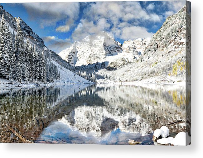 Colorado Acrylic Print featuring the photograph Snow covered Maroon Bells in Aspen, Colorado. by Lena Owens - OLena Art Vibrant Palette Knife and Graphic Design