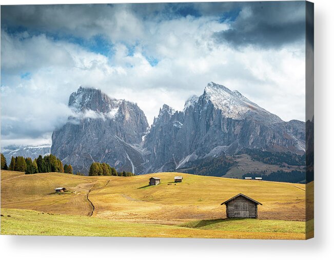 Mountain Landscape Acrylic Print featuring the photograph Meadow field and the Dolomiti rocky peaks Alpe di siusi Seiser Alm Italy by Michalakis Ppalis