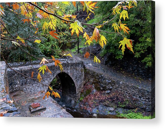 River Acrylic Print featuring the photograph Medieval stoned bridge water flowing in the river in autumn. by Michalakis Ppalis
