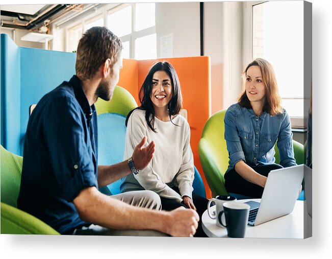 Expertise Acrylic Print featuring the photograph Meeting Between Three Team Leaders In Office by Tom Werner