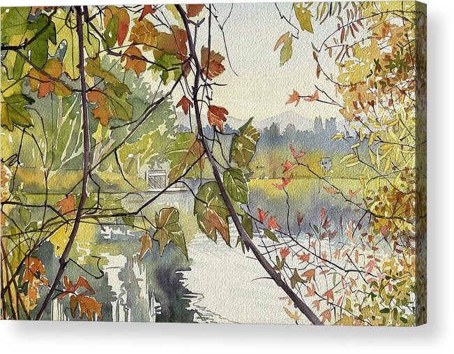Fall Lakeside - Leafs Acrylic Print featuring the drawing Mellow Autumn Lake by Luisa Millicent