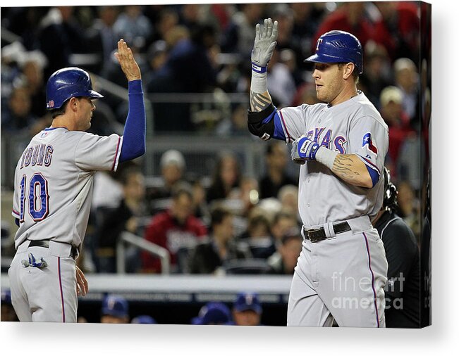 Playoffs Acrylic Print featuring the photograph Michael Young and Josh Hamilton by Al Bello