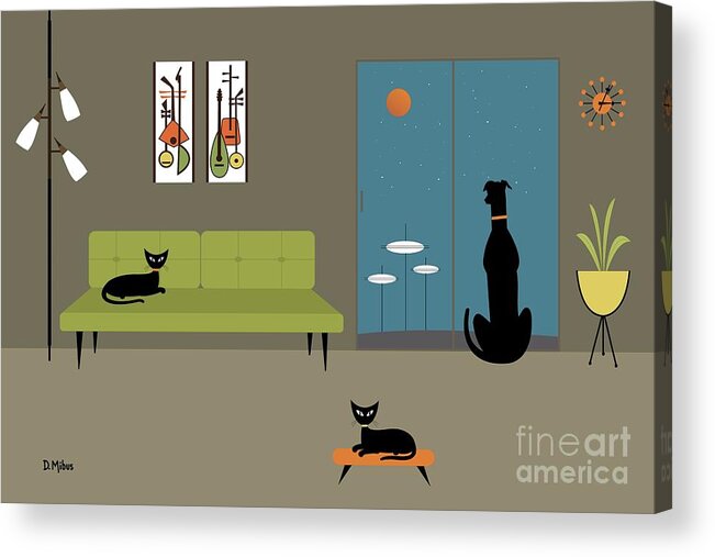 Mid Century Modern Acrylic Print featuring the digital art Mid Century Dog Spies Space Pods by Donna Mibus