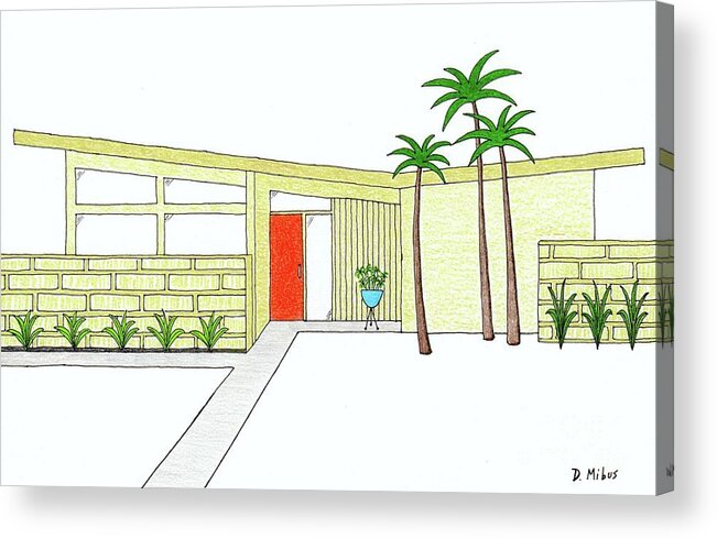 Mid Century Modern House Acrylic Print featuring the drawing Mid Century House with Butterfly Roof by Donna Mibus