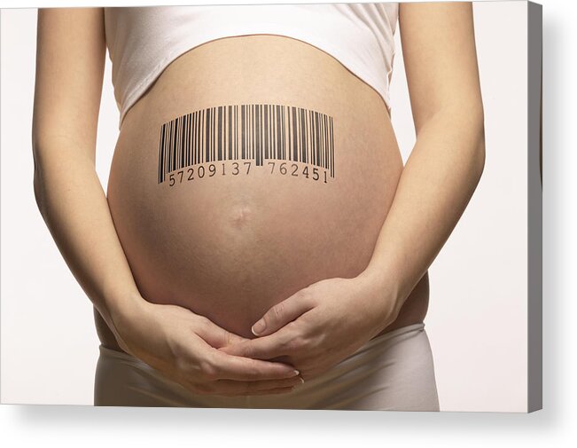 White Background Acrylic Print featuring the photograph Mid section of a Pregnant Woman With a Barcode on Her Stomach by Nick White
