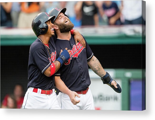 Three Quarter Length Acrylic Print featuring the photograph Mike Napoli, Lonnie Chisenhall, and Francisco Lindor by Jason Miller