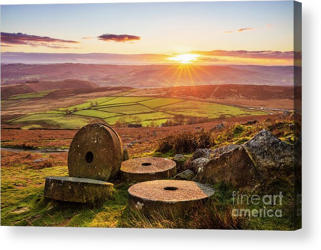Stanage Edge Acrylic Print featuring the photograph Millstones Autumn Sunset, Stanage Edge, Peak District National Park, Derbyshire, England by Neale And Judith Clark