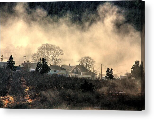 Mist Rolls In From The Sea Fog Tiverton Long Island Nova Scoti House Fog Cloud Blanked Acrylic Print featuring the photograph Mist roills in by David Matthews