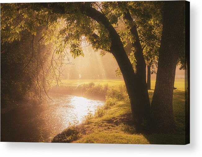 Sunrise Acrylic Print featuring the photograph Misty Morning Sunrise Over Jordan Creek by Jason Fink