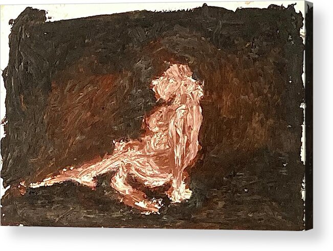 Pink Acrylic Print featuring the painting Model sitting on the floor by David Euler