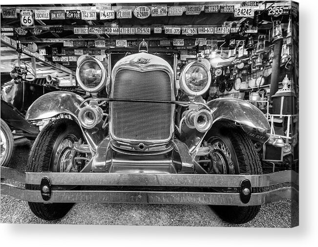 Barn Acrylic Print featuring the photograph Model T in the Garage Black and White by Debra and Dave Vanderlaan