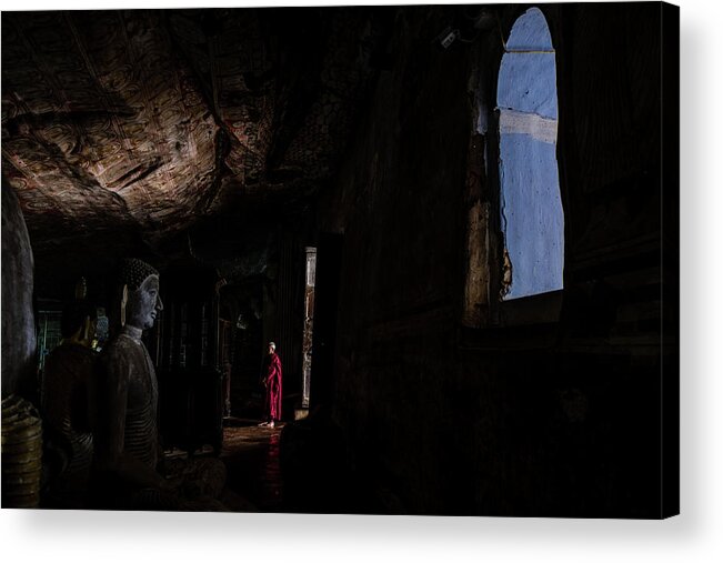 Cave Acrylic Print featuring the photograph Monk at Dambulla Cave Temple by Arj Munoz