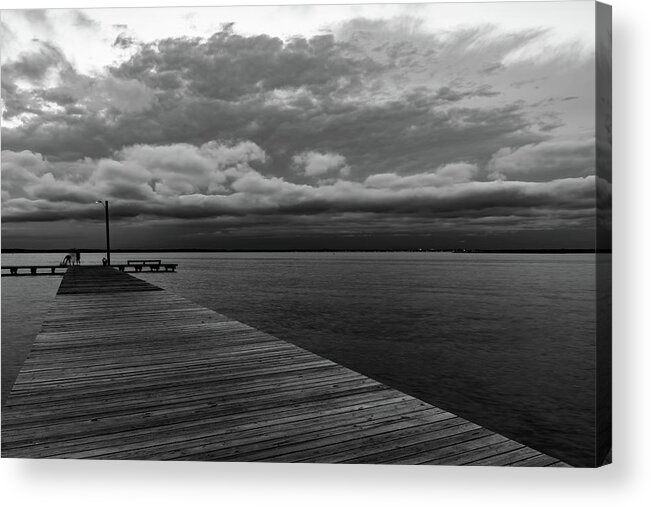Landscape Acrylic Print featuring the photograph Monochrome dock at Sunset by Chad Dikun