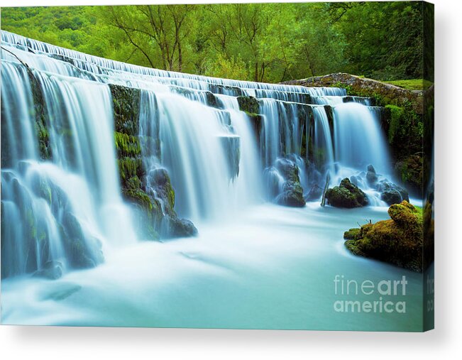 Peak District Acrylic Print featuring the photograph Monsal dale waterfall, Peak District, Derbyshire, England by Neale And Judith Clark