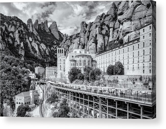 Catalonia Acrylic Print featuring the photograph Montserrat Monastery and its tourist complex - B-W by Jordi Carrio Jamila