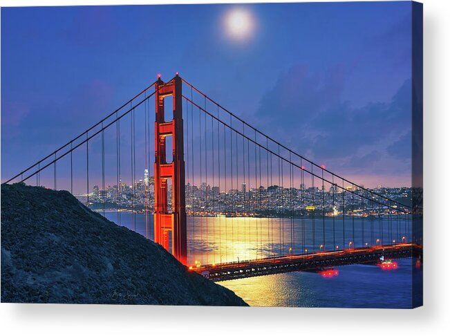 Night Acrylic Print featuring the photograph Moon Over The Golden Gate by Beth Sargent