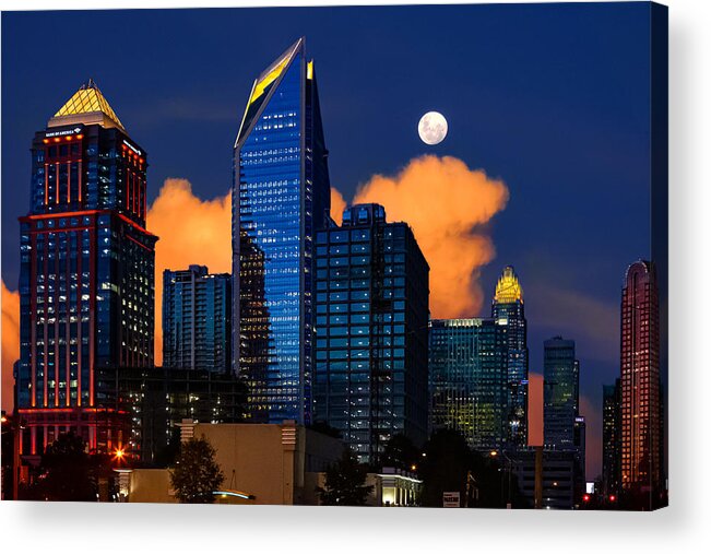 Charlotte Acrylic Print featuring the digital art Moon over Uptown Charlotte by SnapHappy Photos