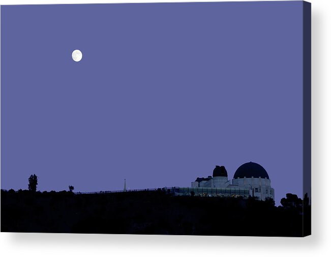 Griffith Observatory Acrylic Print featuring the photograph Moonrise at Blue Hour over Griffith Observatory in Los Angeles by Ram Vasudev