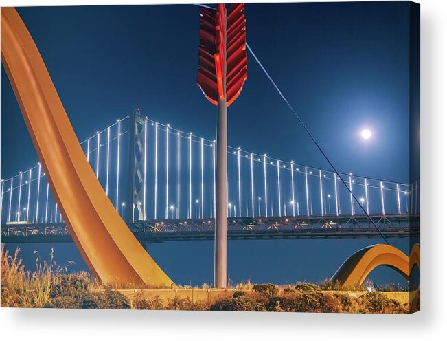 Moon Acrylic Print featuring the photograph Moonrise Over Bridge by Jonathan Nguyen