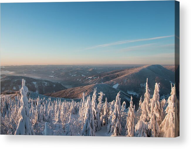 Snowboarding Acrylic Print featuring the photograph Morning awakening in a snowy landscape by Vaclav Sonnek