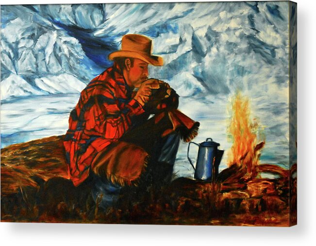 Cowboy Acrylic Print featuring the painting Morning Coffee by Bonnie Peacher