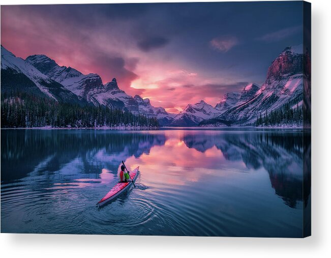 Maligne Acrylic Print featuring the photograph Morning Paddling at Spirit Island by Henry w Liu