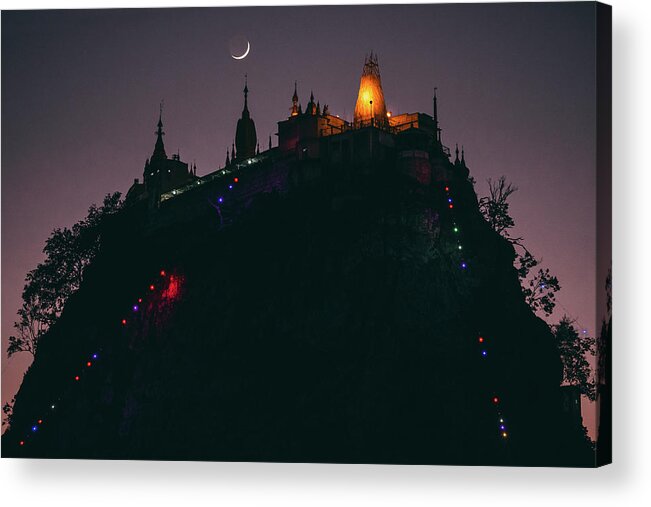 Yancho Sabev Photography Acrylic Print featuring the photograph Mount Popa at dusk by Yancho Sabev Art