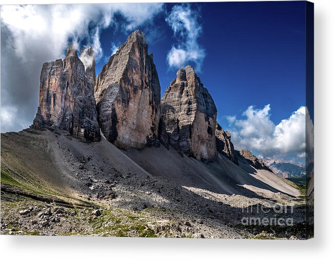 Alpine Acrylic Print featuring the photograph Mountain Formation Tre Cime Di Lavaredo In The Dolomites Of South Tirol In Italy by Andreas Berthold
