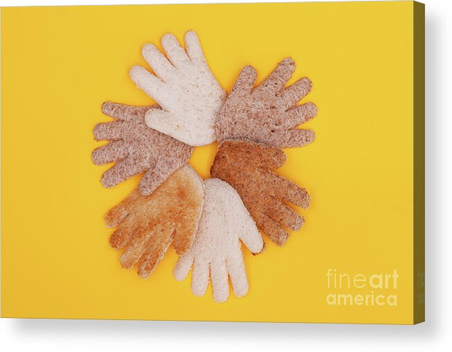 Hands Acrylic Print featuring the photograph Multicultural hands circle concept made from bread by Simon Bratt
