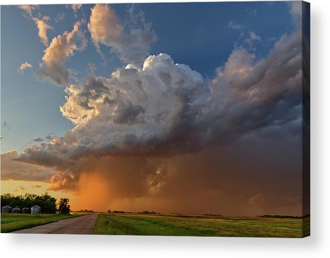 Storm Acrylic Print featuring the photograph ND Showing off #1 - summer storm above ND highway 281 at sunset by Peter Herman