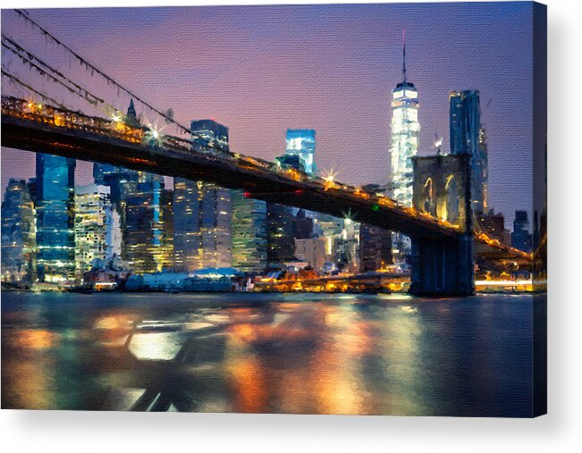 Brooklyn Acrylic Print featuring the painting New York City Brooklyn Bridge Black And Skyline by Tony Rubino