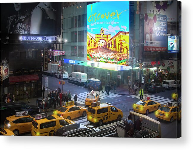 Times Square Acrylic Print featuring the photograph New York City Taxis in Times Square by Mark Andrew Thomas