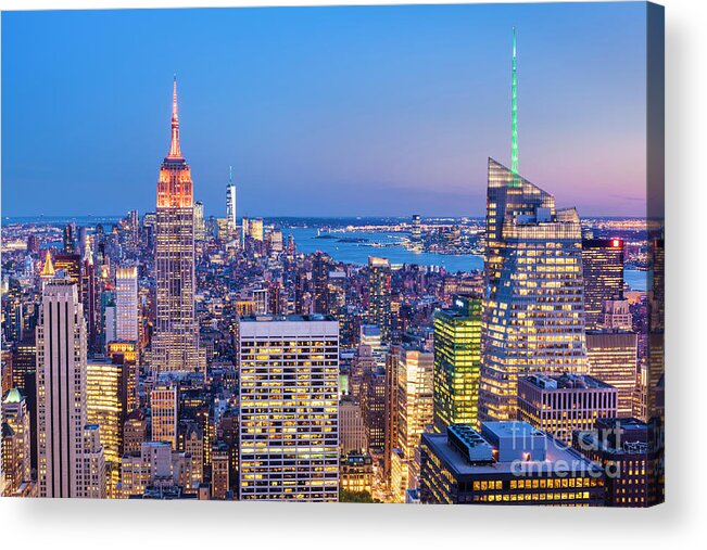 New York City Skyline At Night Acrylic Print featuring the photograph New York Skyline at Sunset by Neale And Judith Clark