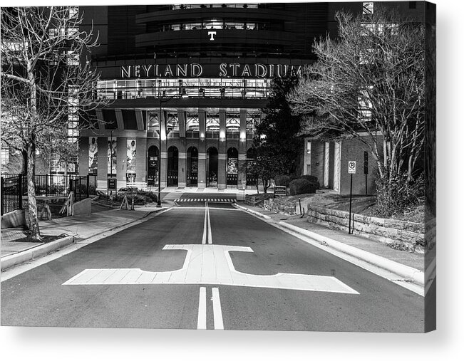 University Of Tennessee At Night Acrylic Print featuring the photograph Neyland Stadium at the University of Tennessee at night in black and white by Eldon McGraw